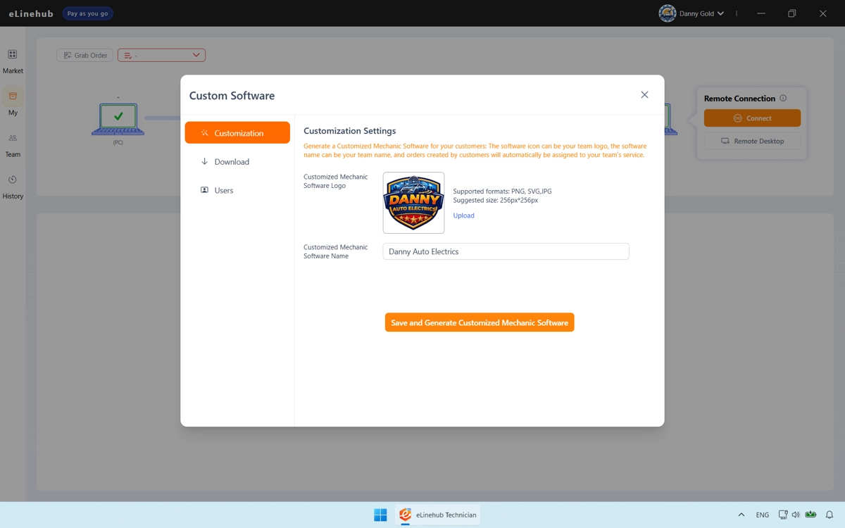Customized Software form showing the logo preview, app name field pre-filled from the team record, and the Save and Generate button