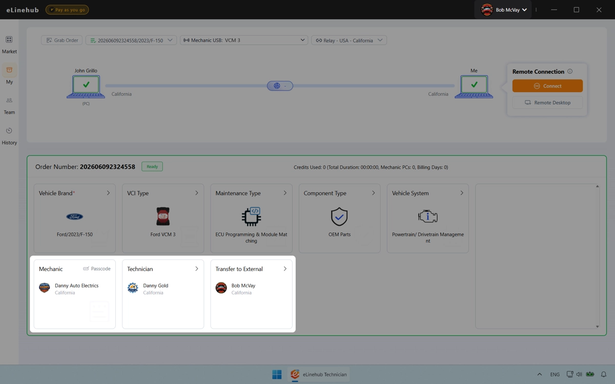 Order detail as seen by an external partner, with the Mechanic identity fields showing the delegating team’s name and logo instead of the actual workshop’s information