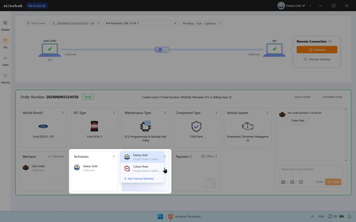 Technician order detail showing the assignment dropdown with a team member selected