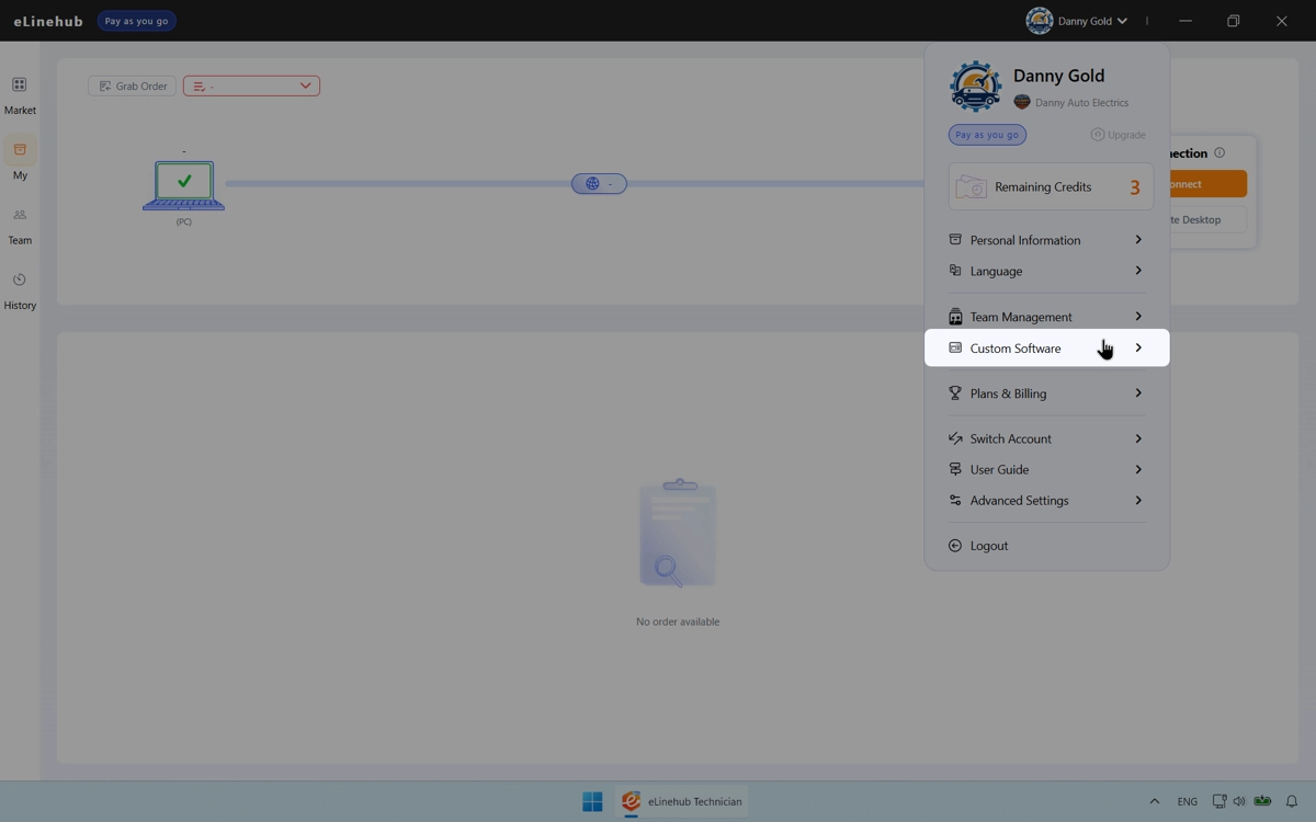 eLinehub Technician profile sidebar with Customized Software option highlighted