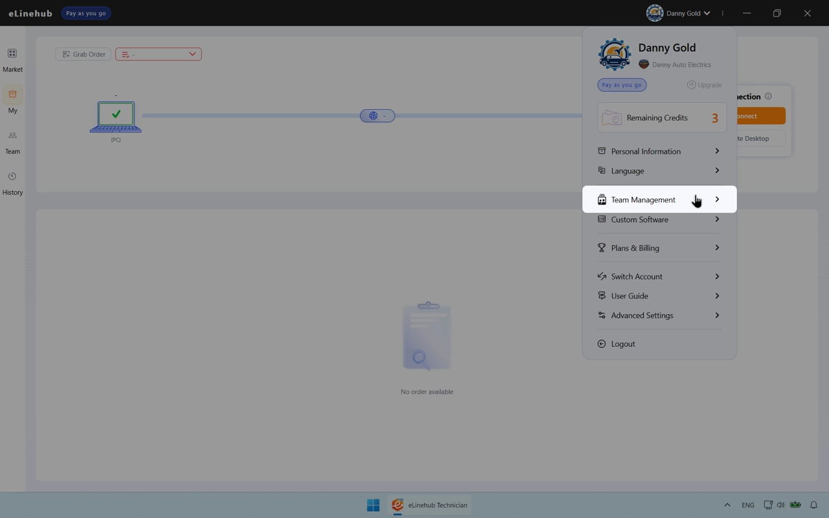 eLinehub Technician profile sidebar with Team Management option highlighted