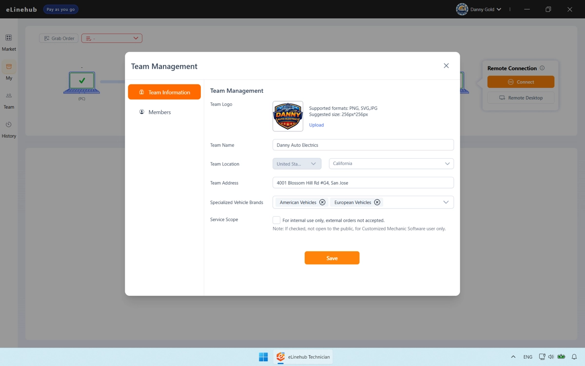 Team Management setup form showing the logo upload area, team name input field, and Save button