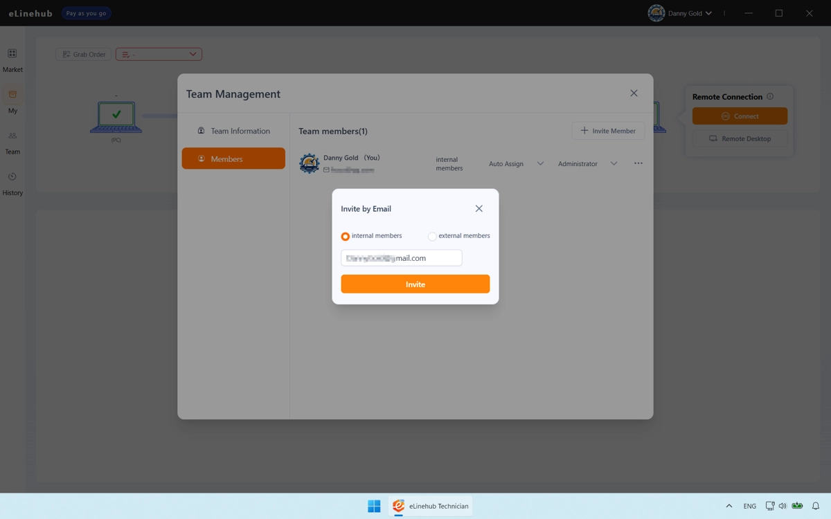 Invite member dialog with an email address input field and a Send button